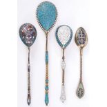 FOUR SILVER AND ENAMELED SPOONS, RUSSIAN