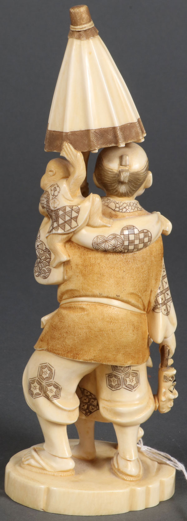 A JAPANESE CARVED IVORY OKIMONO OF AN ENTERTAINER - Image 3 of 3