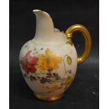 A Royal Worcester Blush Ivory Jug decorated with summer flowers and with gilded handle,