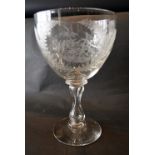 A Large 19th Century Presentation Pedestal Glass with Foliate Etching and initials WB,