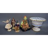A Royal Doulton Figurine 'Cobbler' HN1706 together with three continental figurines and an Italian