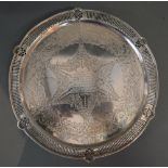 A Victorian Silver Presentation Salver with pierced border and three scroll feet, Sheffield 1865,