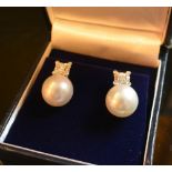 A Pair of 18ct. White Gold Diamond and South Sea Pearl Drop Ear Studs, approximately 0.48 ct.