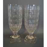 A Pair of Cut Glass Vases each with a square stepped base,