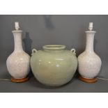 A Large Chinese Celadon Bulbous Shaped Jardiniere together with a pair of Oriental table lamps