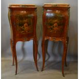 A Pair of French Kingwood Ormolu Mounted and Painted Side Cabinets of Bombe Form,