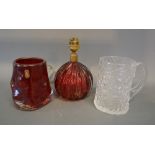 A Whitefriars Ruby Glass Knobbly Vase together with a Whitefriars Bark Pattern Mug and a Cranberry