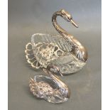 A 925 Silver and Cut Glass Salt in the form of a Swan together with another similar smaller salt in