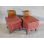 A Pair of Burgundy Leather and Brass Buttoned Stools of Square Form with shaped wooden backs raised