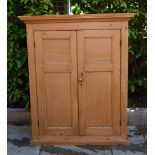 A 19th Century Pine Two Door Cupboard with Brass Knob Handles, raised upon a plinth,