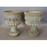 A Pair of Weathered Cast Concrete Pedestal Garden Urns,