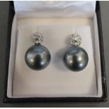 A Pair of 18ct White Gold Blue/Grey South Sea Pearl and Diamond Drop Pearl Stud Earrings,