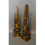 A Pair of Toll Ware Chinoiserie Decorated Obelisk, with gilt decoration upon a black ground,
