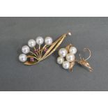A 14ct Gold Pearl and Ruby Set Brooch of Spray Form together with another similar pearl set brooch