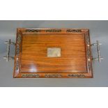 A Chinese Hardwood and White Metal Mounted Rectangular Tray, the end handles marked Zeewo,