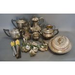 A Silver Plated Hot Water Pot of Half Lobed Form together with a collection of silver plated items
