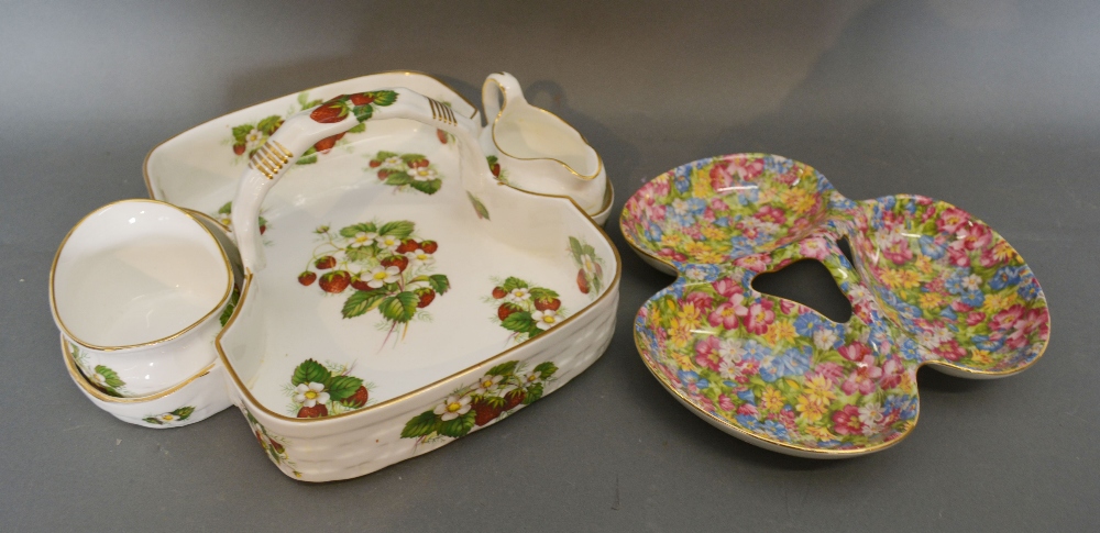A Hammersley Porcelain Strawberry Dish with Cream Jug and Sugar Bowl,