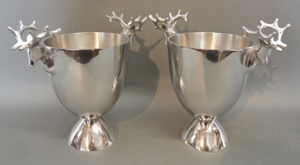 A Pair of Silver Plated Wine Coolers, each with handles in the form of Stags,
