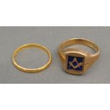 A 22ct. Gold Wedding Band, 2.3 gms and a 9ct. gold and enamel Masonic signet ring, 7.