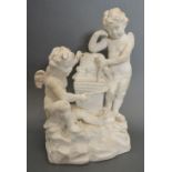 A Derby Bisque Group in the form of Putti Measuring a Column, impressed mark to base and number 39,