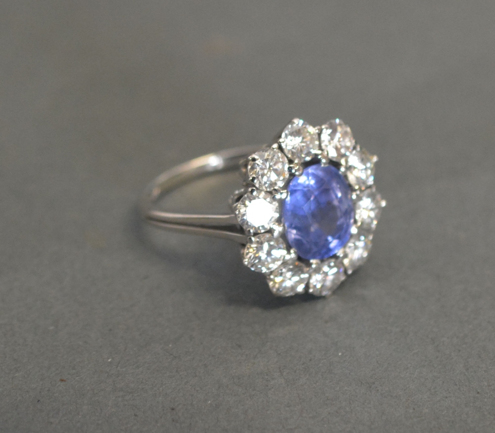 An 18ct White Gold Sapphire and Diamond Cluster Ring with a central sapphire surrounded by diamonds,