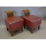 A Pair of Burgundy Leather and Button Upholstered Stools of Square Form with shaped backs raised