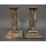 A Pair of Sheffield Silver Dwarf Candlesticks, with square bases,