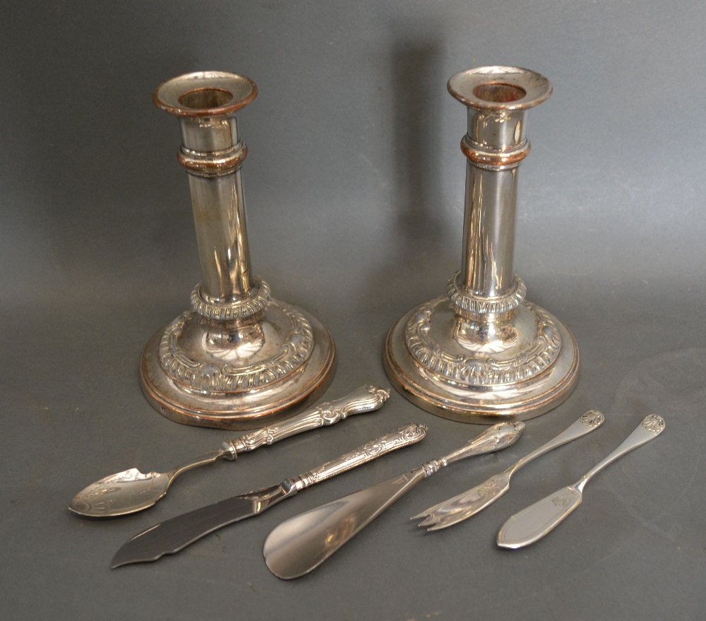 A Pair of Silver Plated Dwarf Candlesticks together with a small collection of silver plated flat