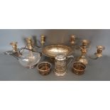 A Silver Plated Tankard together with a pair of three branch candelabrum and other items of silver