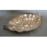 A 19th Century Continental White Metal Oval Two Handled Dish decorated in relief with fruit, 13 ozs,