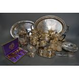 A Silver Plated Two Handled Tray with engraved decoration together with a collection of silver