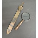 A 917 Maltese Silver Paper Knife together with a silver handled magnifying glass