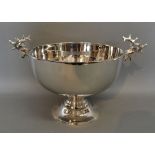 A Silver Plated Punch Bowl with Handles in the form of Stag Heads upon a circular plinth,