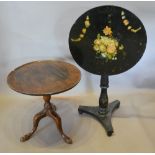 A Victorian Black Lacquered Painted Pedestal Table together with a mahogany occasional table