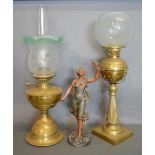 A 19th Century Brass Oil Lamp with Opaque Glass Shade together with another similar Oil Lamp and a