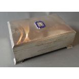 A Birmingham Silver Rectangular Large Cigar Box, the hinged cover bearing blue enamel crest,