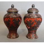 A Pair of Chinese Red Cinnabar and Gilt Metal Mounted Covered Vases of Oviform,