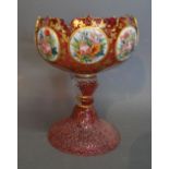 A Bohemian Glass Pedestal Bowl decorated with foliate reserves and circular pedestal base,