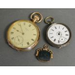 A Gold Plated Pocket Watch by Waltham, together with a silver cased fob watch and a 9ct.
