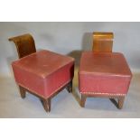 A Pair of Burgundy Leather Stools of Square Form with shaped curved backs and outswept legs and