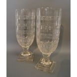 A Pair of Cut Glass Large Vases with Square Stepped Bases,