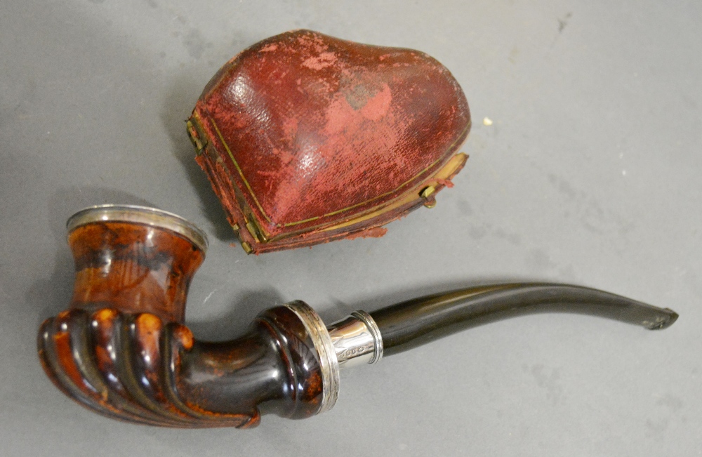 A Victorian Silver Mounted Large Meerschaum Pipe with leather outer case,