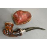 A Victorian Silver Mounted Large Meerschaum Pipe with leather outer case,