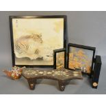 A Japanese Watercolour 'Study of a Tiger' signed, together with a cork miniature screen,