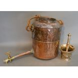 An Early Bronze Pestle and Mortar together with a large copper water flagon with tap