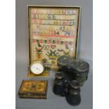 A 19th Century Brass Cased Aneroid Barometer Thermometer together with a Tunbridge Ware inlaid box,