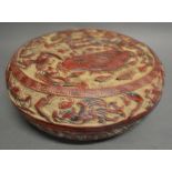 A Chinese Red Cinnabar Cylindrical Covered Box, decorated in relief, four character mark to base,