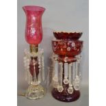 A Victorian Large Ruby Glass Lustre with Cut Glass Drops together with a cranberry glass lustre