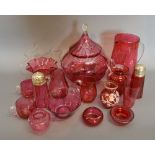 A Cranberry Glass Large Jug, together wi