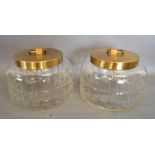 A Pair of Cut Glass Canisters, the brass circular lids with ring handle,